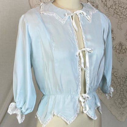 Vintage 1950's Bed Jacket | Pale Powder Blue Rayon with White Lace & Scalloped Hem | Size XS, S | Artemis - Daggers & Dames