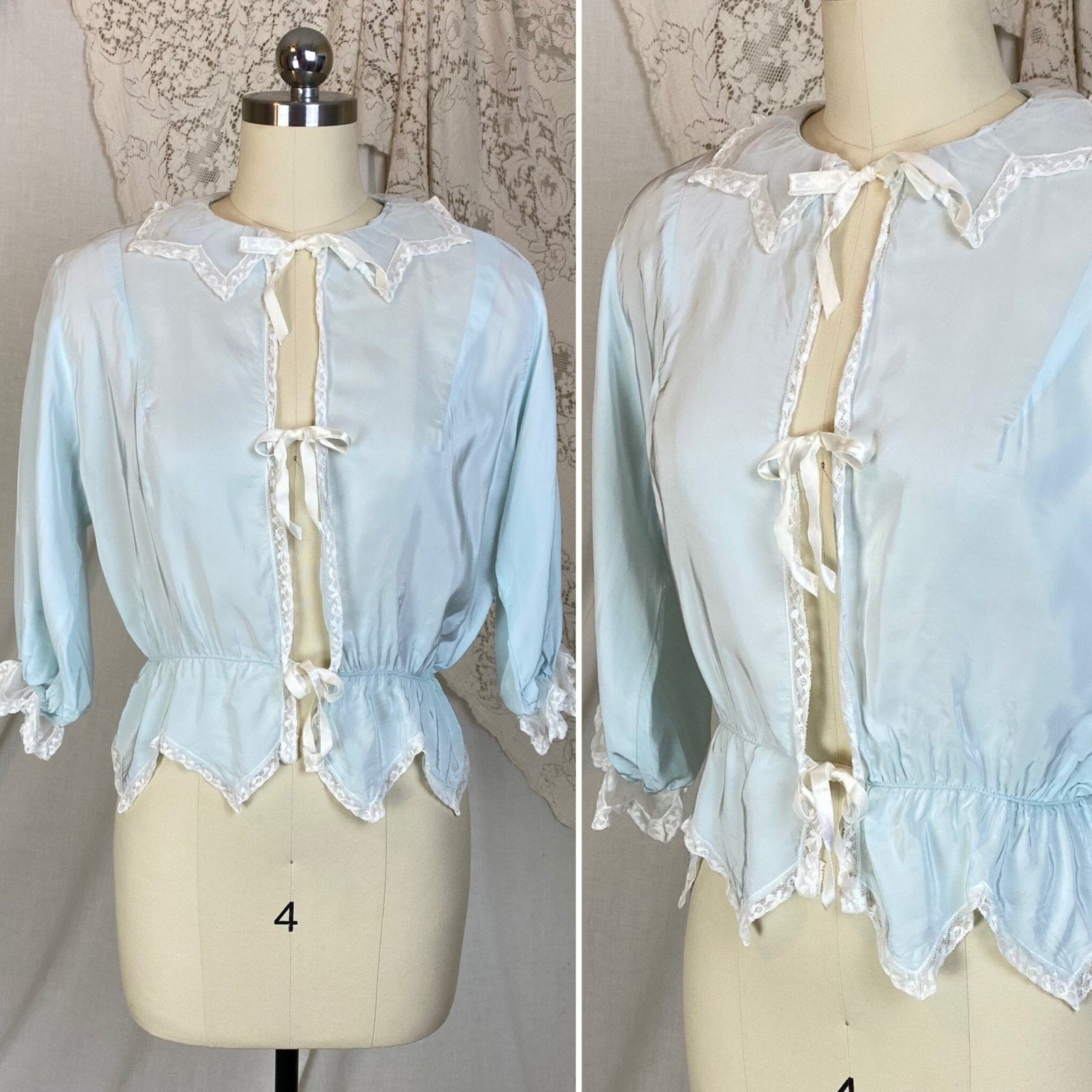 Vintage 1950's Bed Jacket | Pale Powder Blue Rayon with White Lace & Scalloped Hem | Size XS, S | Artemis - Daggers & Dames