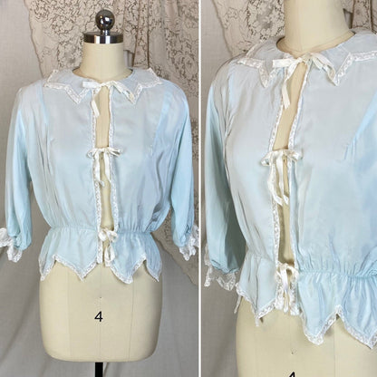 Vintage 1950's Bed Jacket | Pale Powder Blue Rayon with White Lace & Scalloped Hem | Size XS, S | Artemis - Daggers & Dames