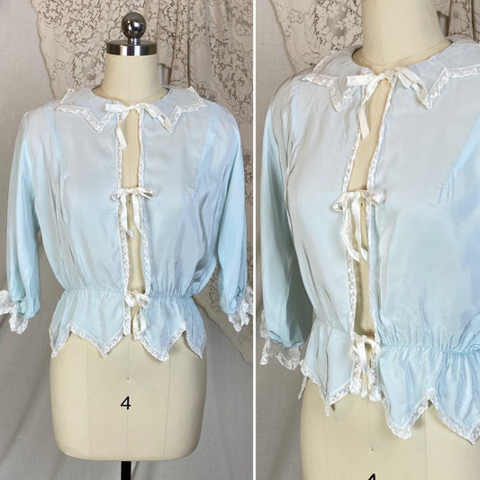 Vintage 1950's Bed Jacket | Pale Powder Blue Rayon with White Lace & Scalloped Hem | Size XS, S | Artemis - Daggers & Dames