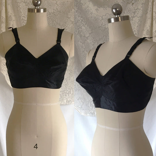 Vintage 1950's Bra | Black Acetate Satin with Bullet cups | Exquisite Form | Size 38 B, 36 C - Daggers & Dames