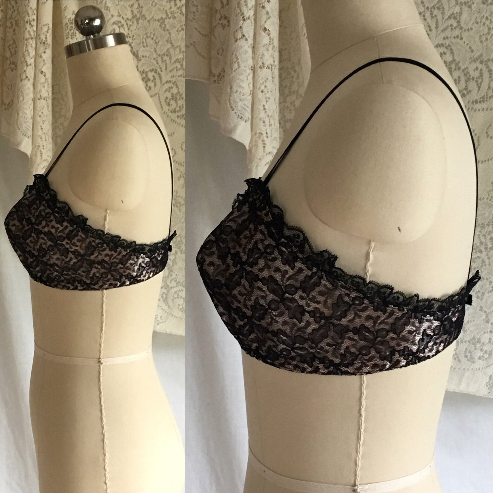 Vintage 1950's Bra | Black Ruffled Lace and Powder Pink Rayon Satin | French Lingerie | Size 32 - Daggers & Dames