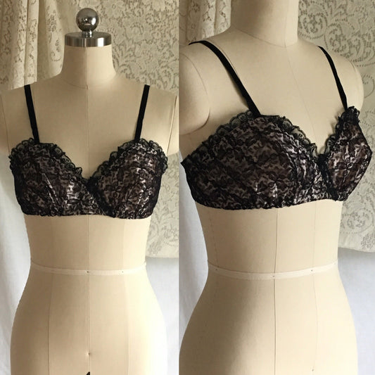 Vintage 1950's Bra | Black Ruffled Lace and Powder Pink Rayon Satin | French Lingerie | Size 32 - Daggers & Dames