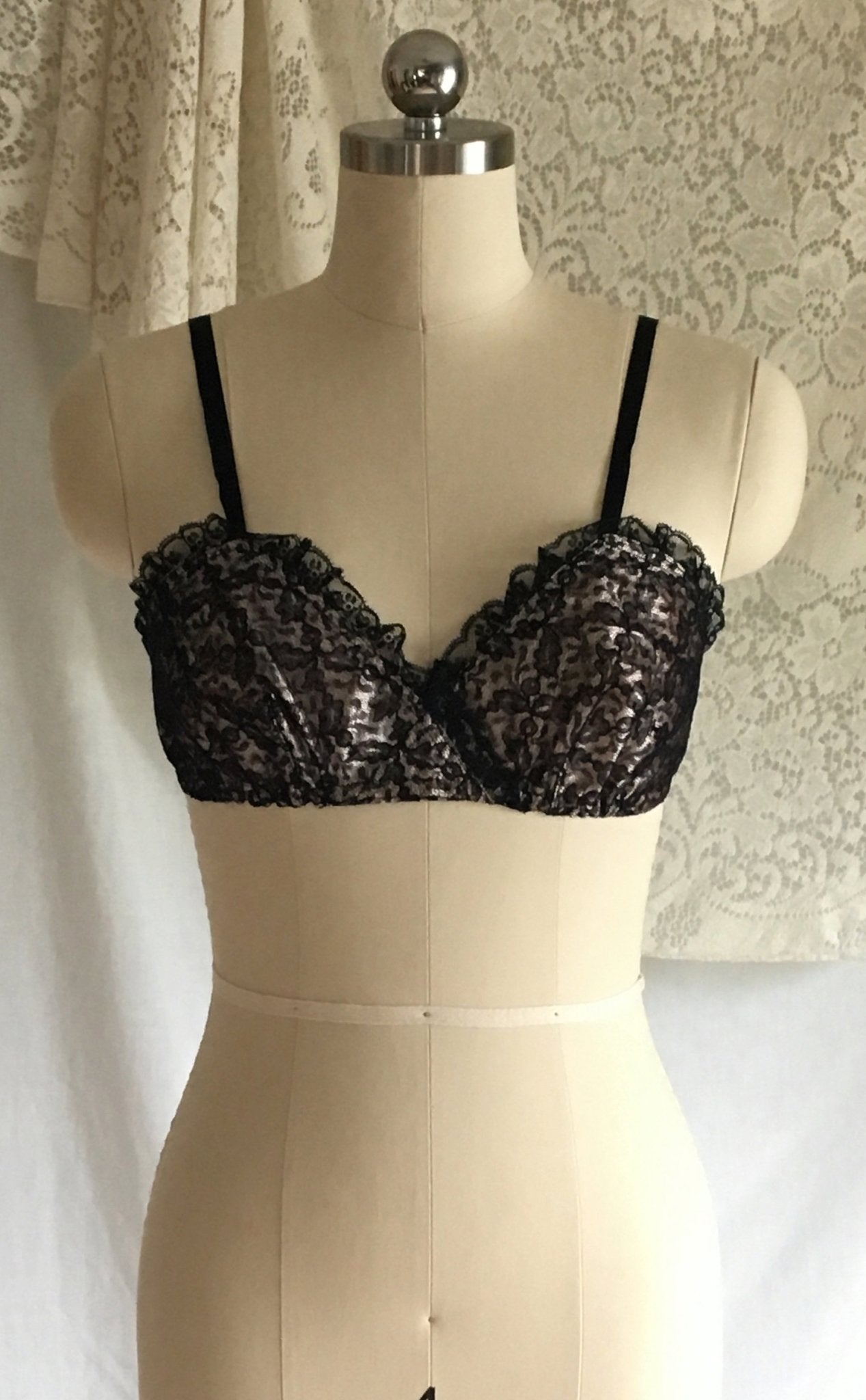 Vintage 1950's Bra | Black Ruffled Lace and Powder Pink Rayon Satin | French Lingerie | Size 32 - Daggers & Dames