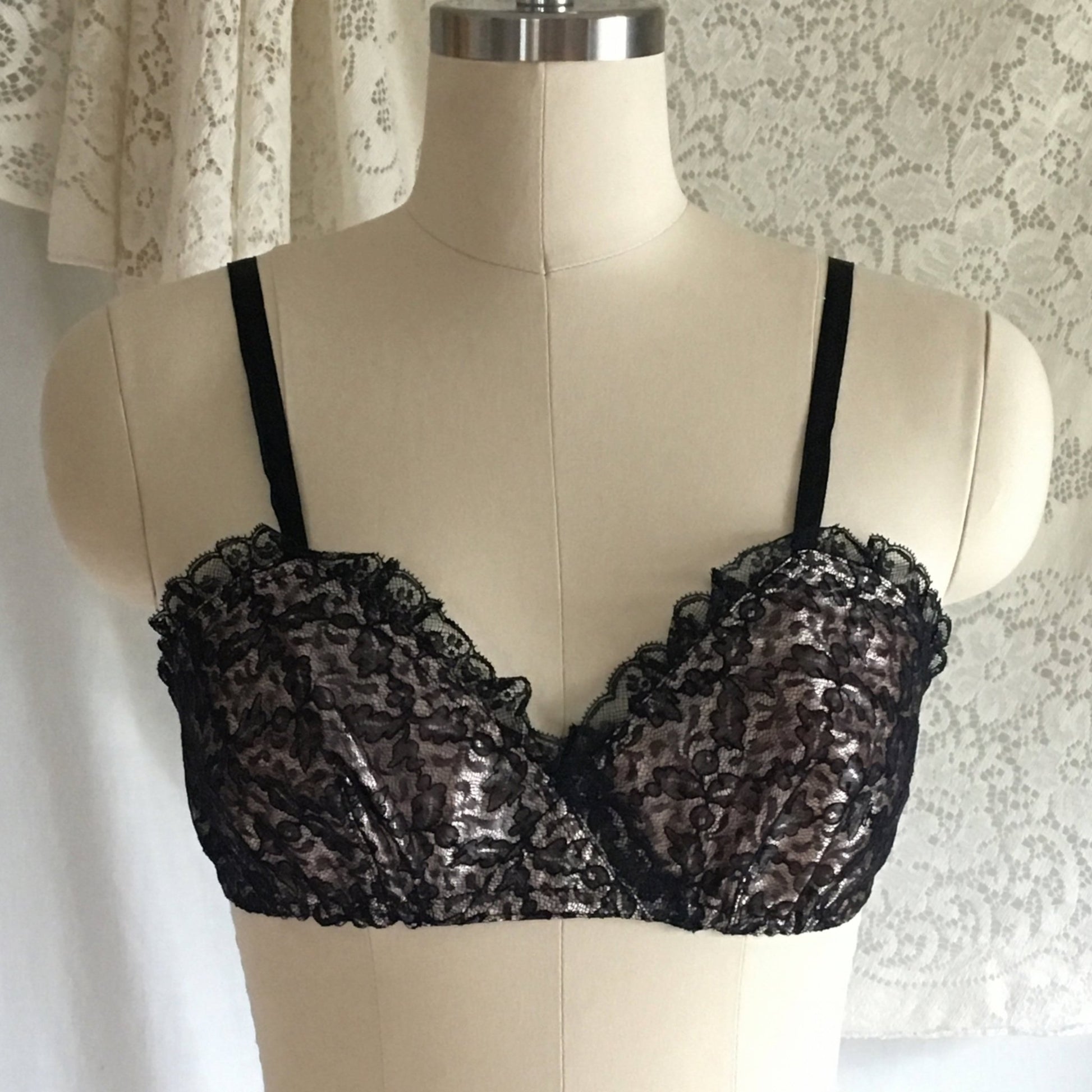 Vintage 1950's Bra | Black Ruffled Lace and Powder Pink Rayon Satin | French Lingerie | Size 32 - Daggers & Dames