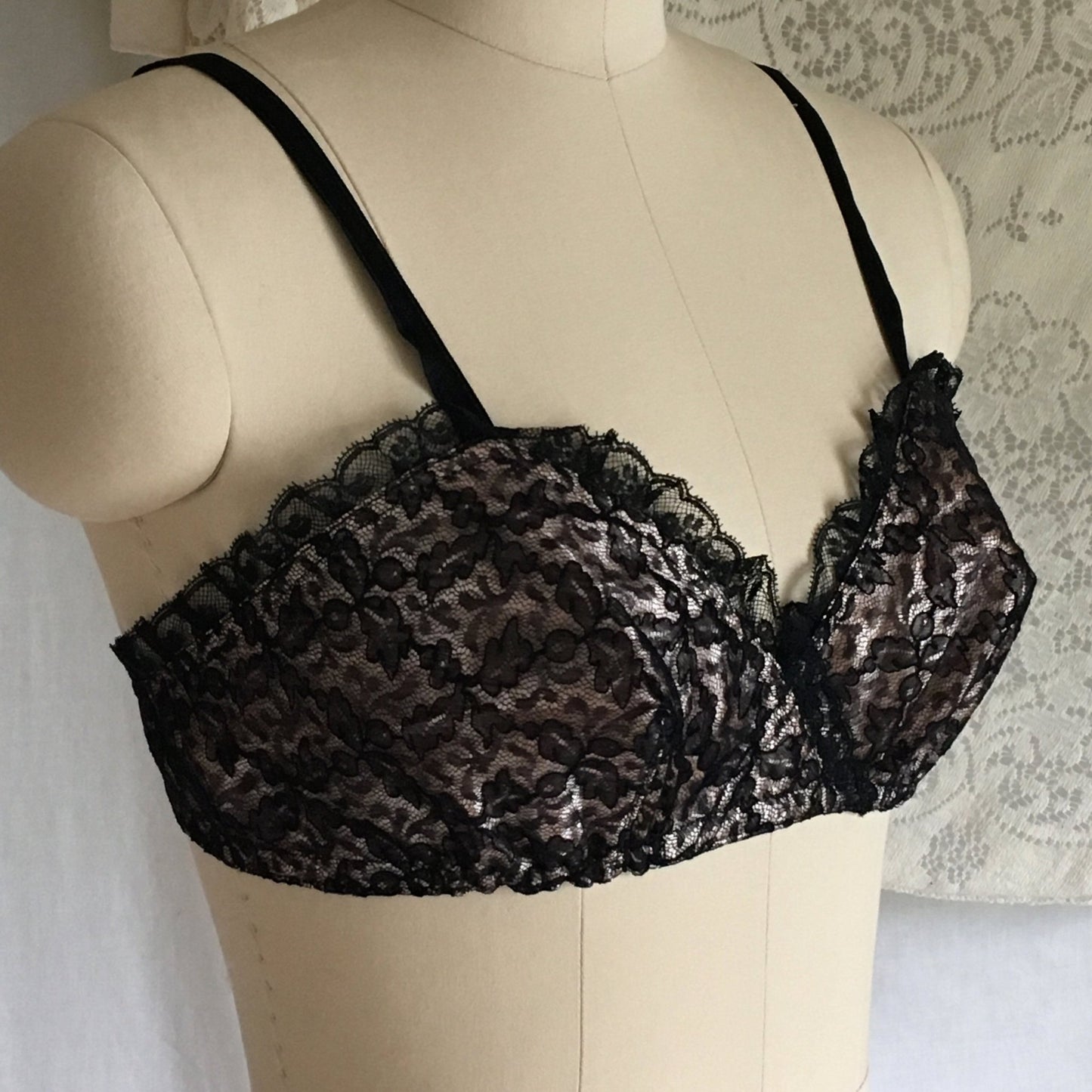 Vintage 1950's Bra | Black Ruffled Lace and Powder Pink Rayon Satin | French Lingerie | Size 32 - Daggers & Dames