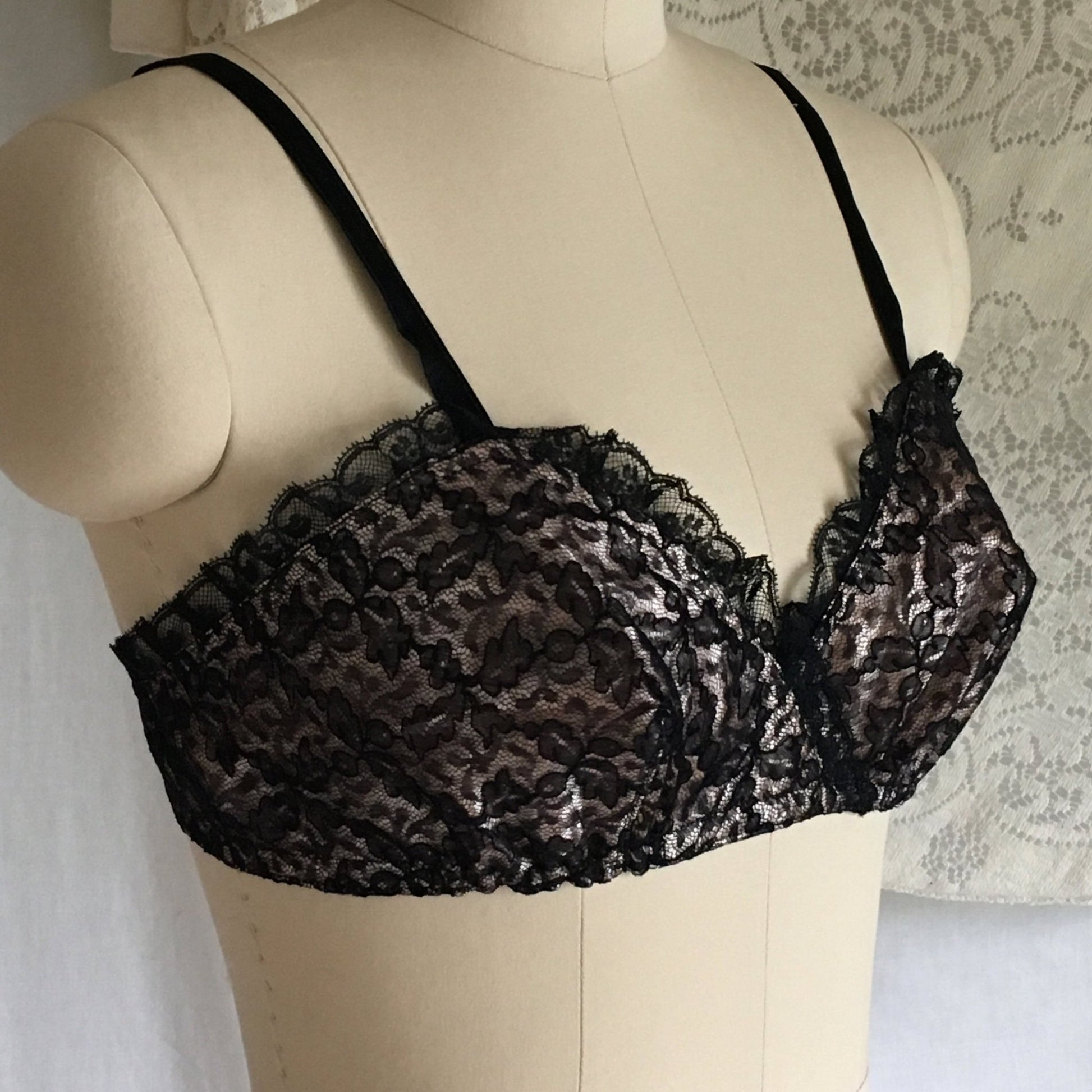 Vintage 1950's Bra | Black Ruffled Lace and Powder Pink Rayon Satin | French Lingerie | Size 32 - Daggers & Dames