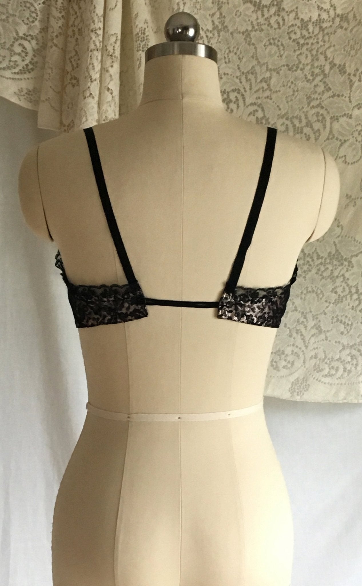 Vintage 1950's Bra | Black Ruffled Lace and Powder Pink Rayon Satin | French Lingerie | Size 32 - Daggers & Dames