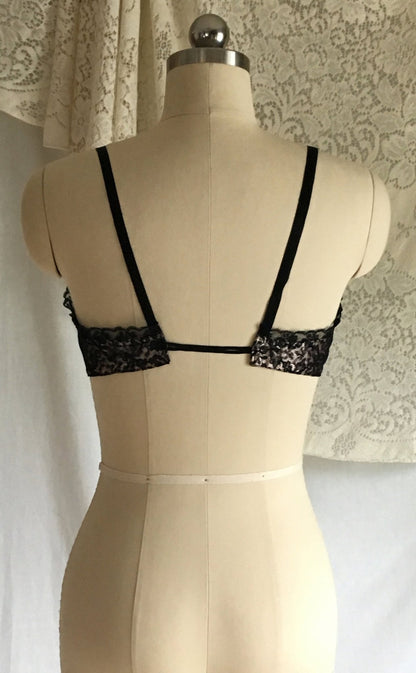Vintage 1950's Bra | Black Ruffled Lace and Powder Pink Rayon Satin | French Lingerie | Size 32 - Daggers & Dames