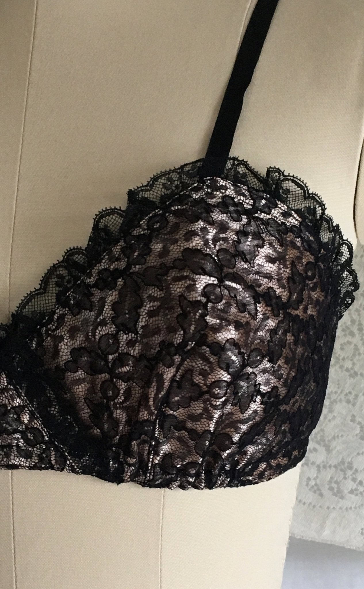 Vintage 1950's Bra | Black Ruffled Lace and Powder Pink Rayon Satin | French Lingerie | Size 32 - Daggers & Dames