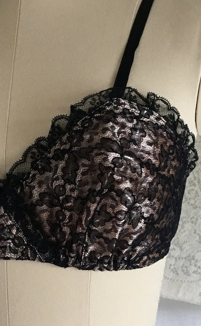 Vintage 1950's Bra | Black Ruffled Lace and Powder Pink Rayon Satin | French Lingerie | Size 32 - Daggers & Dames