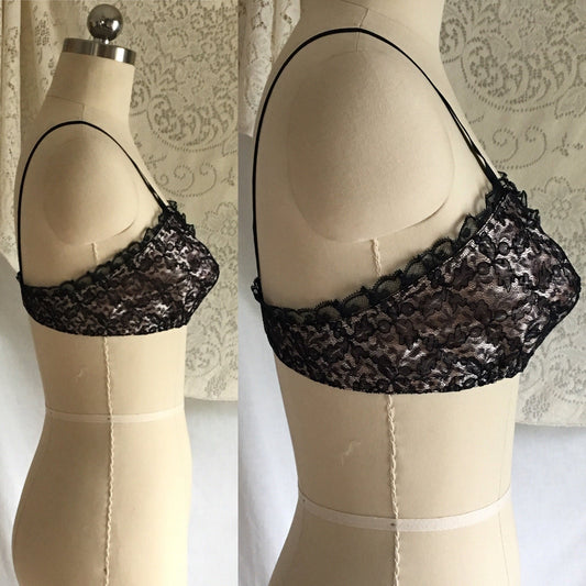 Vintage 1950's Bra | Black Ruffled Lace and Powder Pink Rayon Satin | French Lingerie | Size 32 - Daggers & Dames