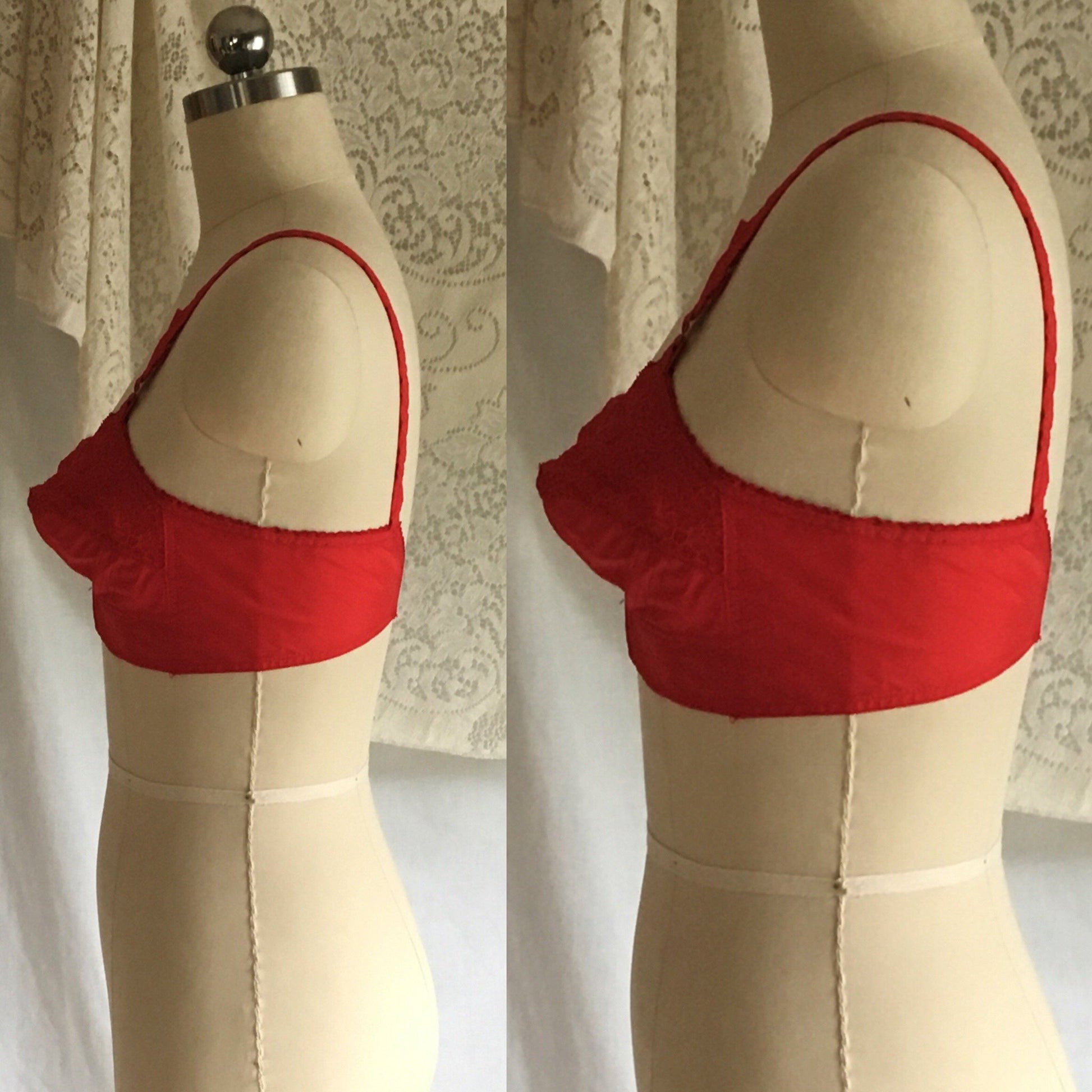 Vintage 1950's Bra | Bright Red Nylon & Lace with Bullet Cups | Celebrity | Size 34 B - Daggers & Dames