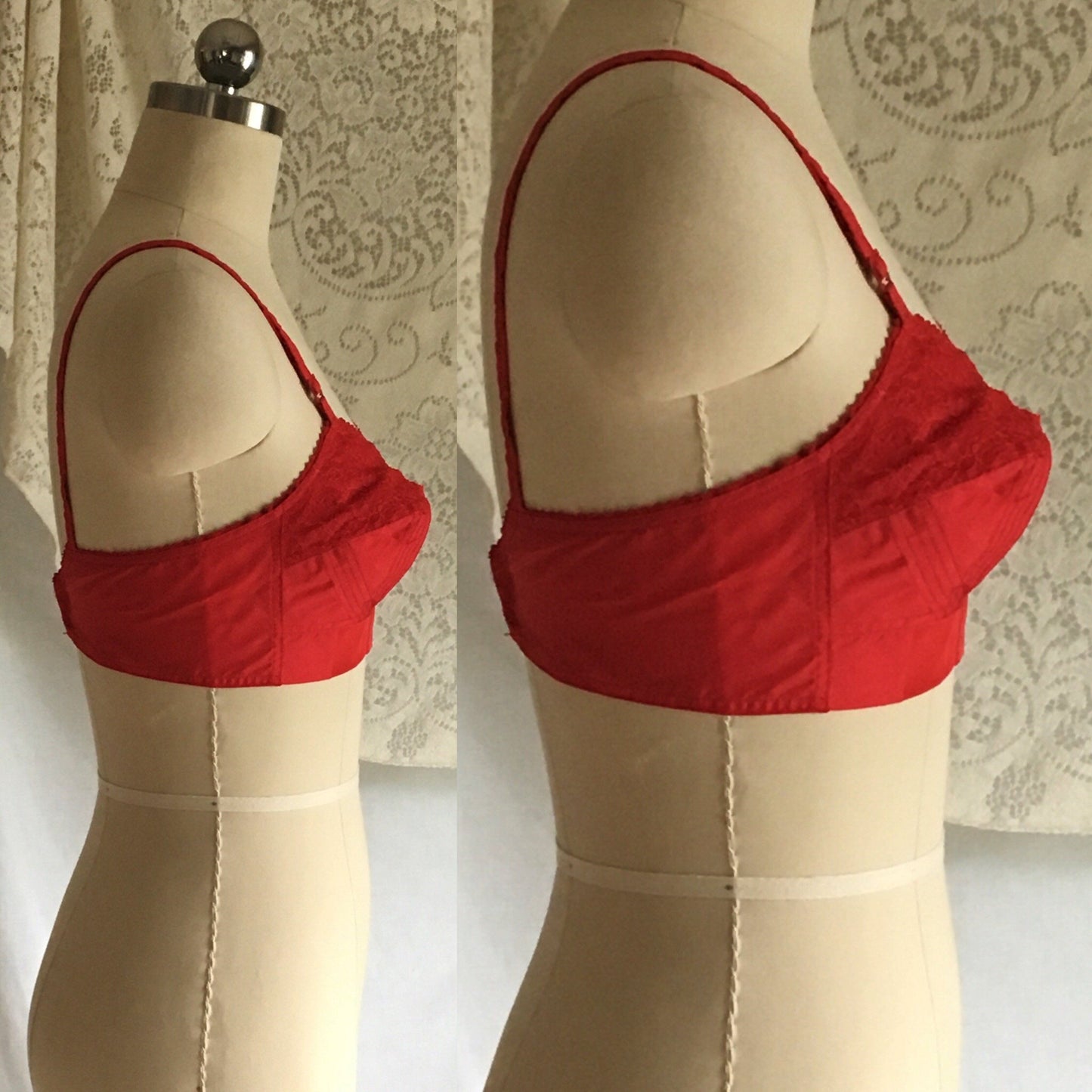 Vintage 1950's Bra | Bright Red Nylon & Lace with Bullet Cups | Celebrity | Size 34 B - Daggers & Dames