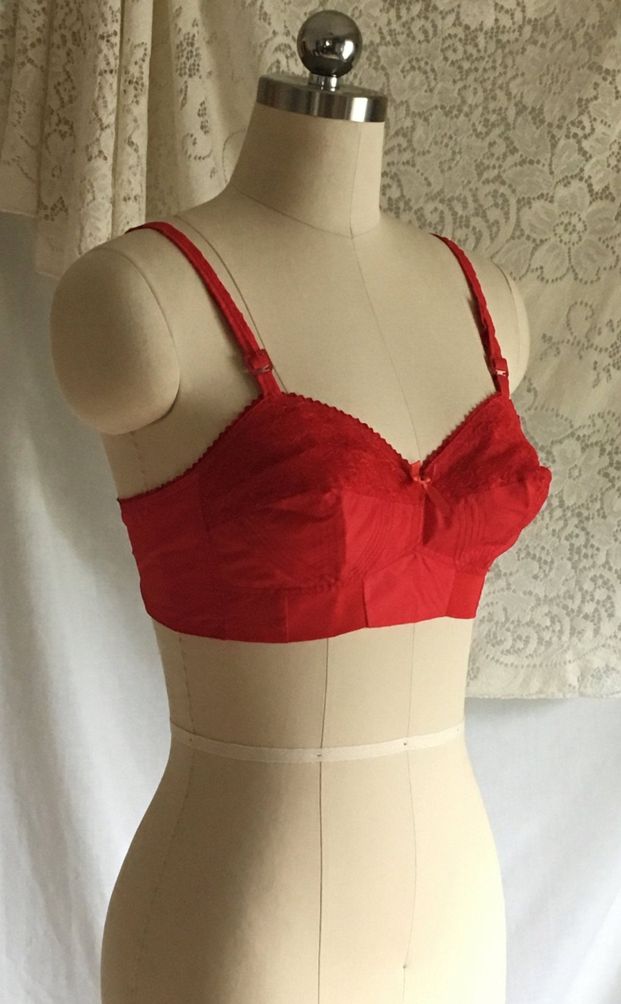 Vintage 1950's Bra | Bright Red Nylon & Lace with Bullet Cups | Celebrity | Size 34 B - Daggers & Dames