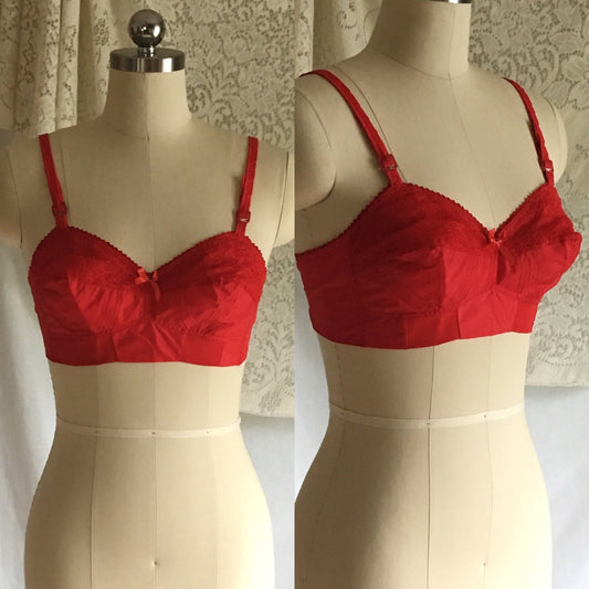 Vintage 1950's Bra | Bright Red Nylon & Lace with Bullet Cups | Celebrity | Size 34 B - Daggers & Dames