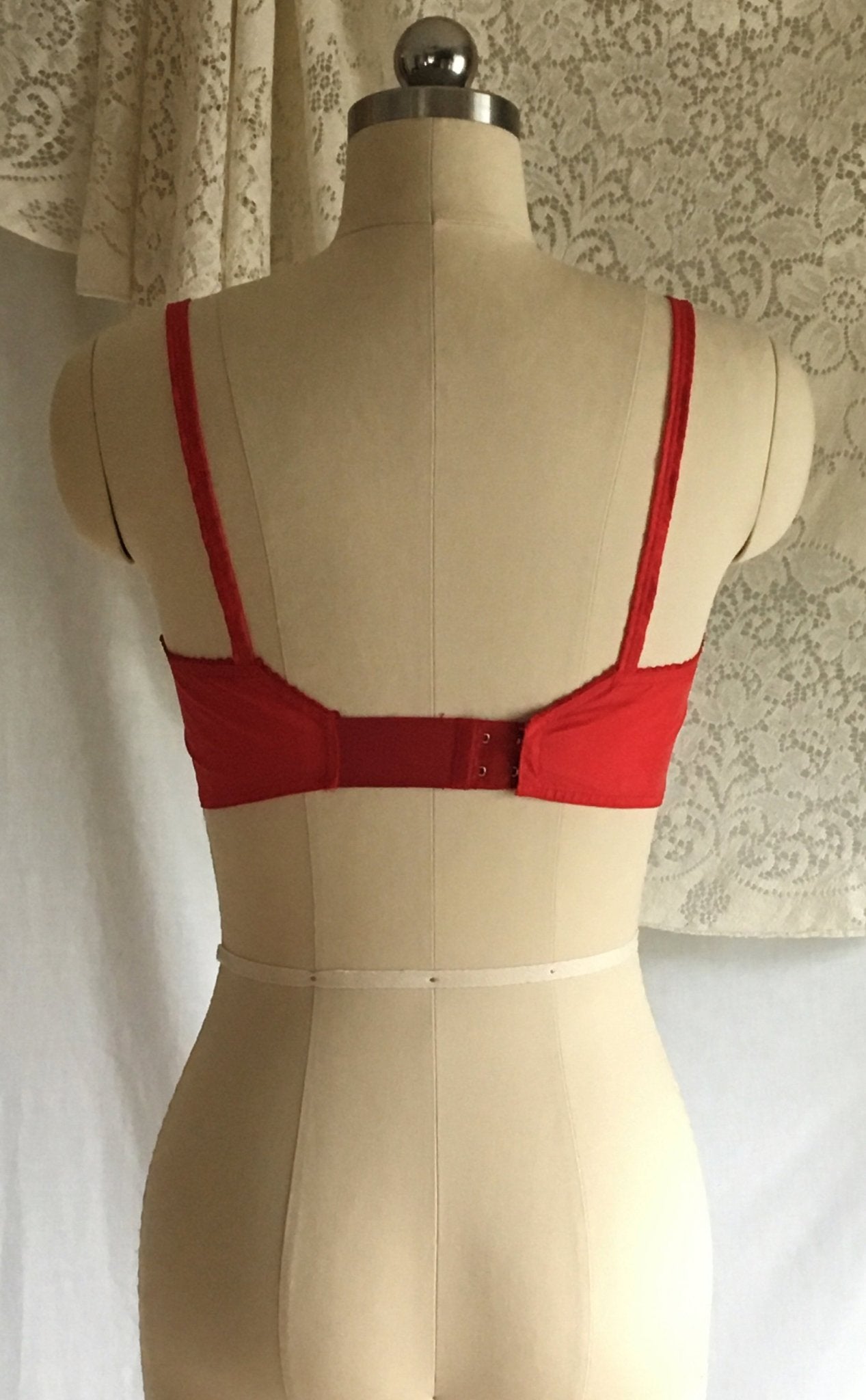 Vintage 1950's Bra | Bright Red Nylon & Lace with Bullet Cups | Celebrity | Size 34 B - Daggers & Dames