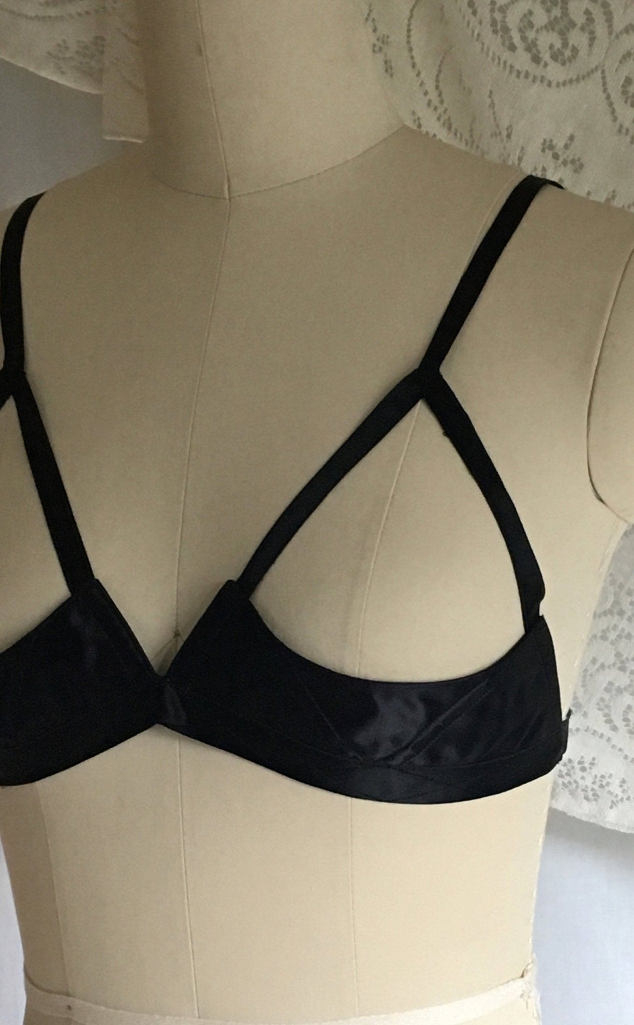 Vintage 1950's Bra | Rare Black Rayon Satin Demi Cage Bra with Open Cups | French Lingerie | Size 30 - Daggers & Dames