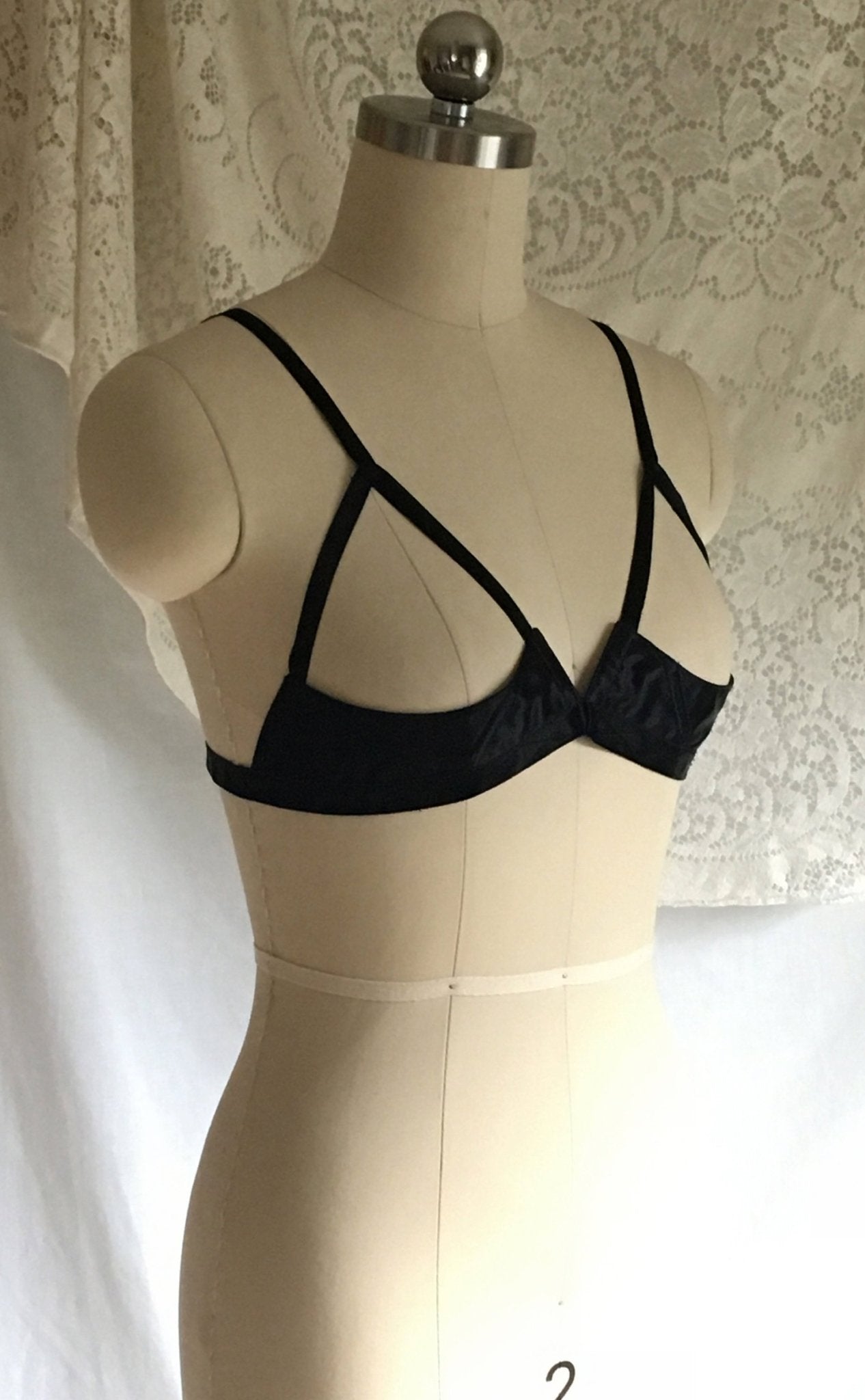 Vintage 1950's Bra | Rare Black Rayon Satin Demi Cage Bra with Open Cups | French Lingerie | Size 30 - Daggers & Dames