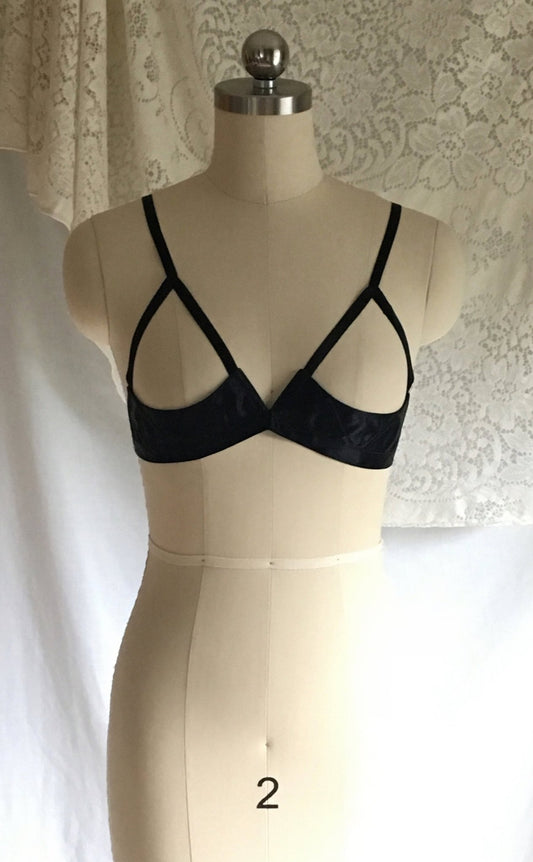 Vintage 1950's Bra | Rare Black Rayon Satin Demi Cage Bra with Open Cups | French Lingerie | Size 30 - Daggers & Dames