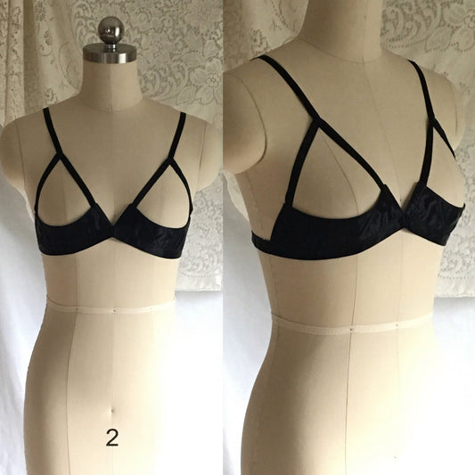 Vintage 1950's Bra | Rare Black Rayon Satin Demi Cage Bra with Open Cups | French Lingerie | Size 30 - Daggers & Dames
