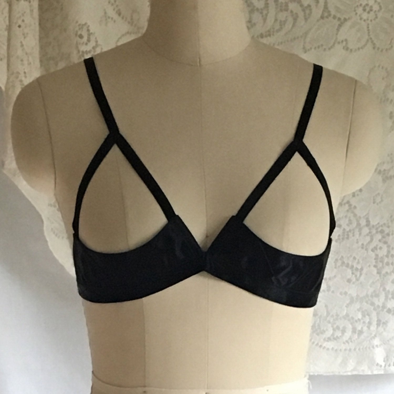 Vintage 1950's Bra | Rare Black Rayon Satin Demi Cage Bra with Open Cups | French Lingerie | Size 30 - Daggers & Dames
