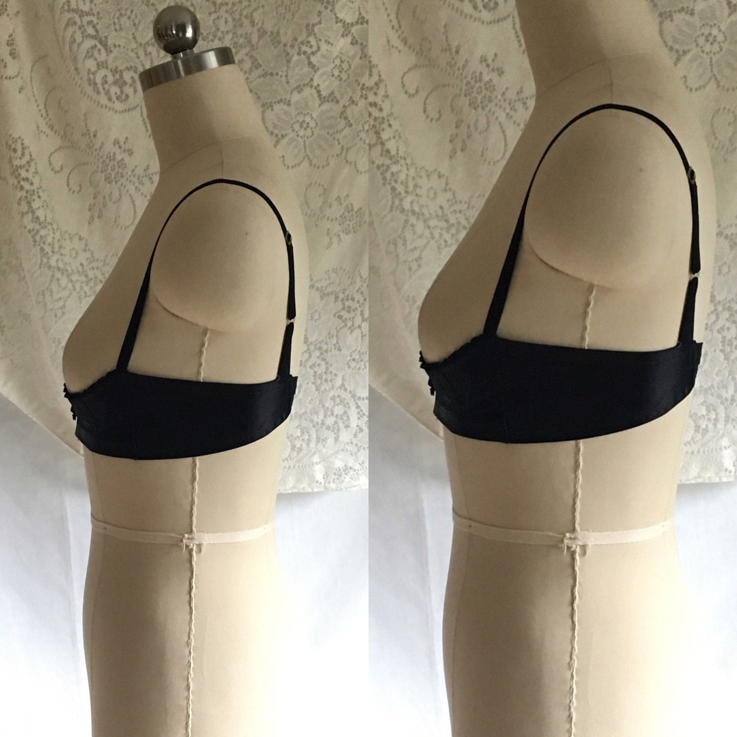 Vintage 1950's Bra | Rare Black Rayon Satin Demi Shelf Bra | French Lingerie | Size 32 - Daggers & Dames