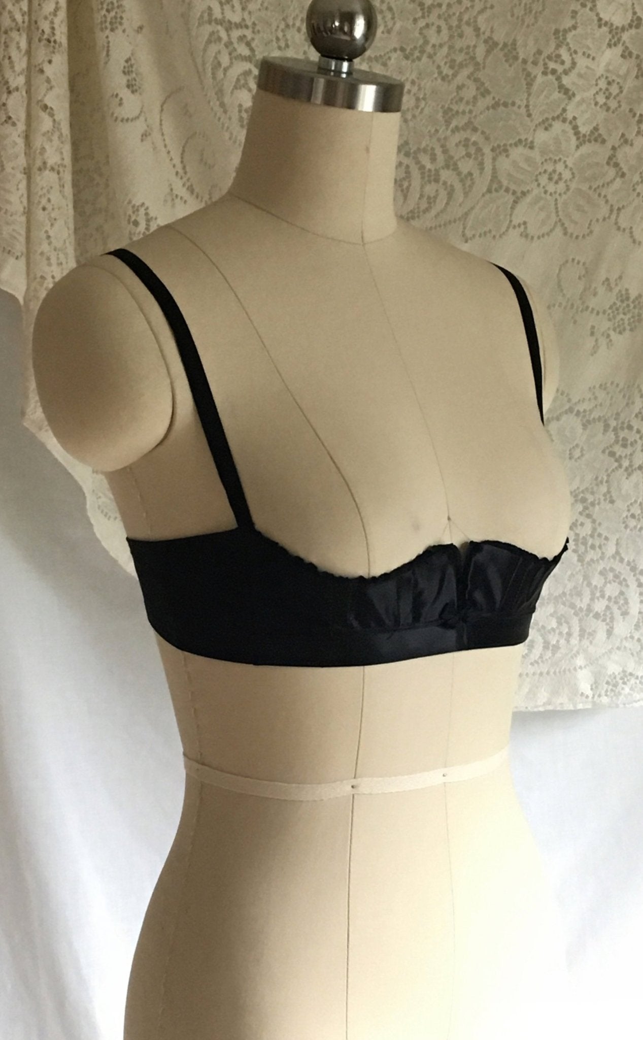 Vintage 1950's Bra | Rare Black Rayon Satin Demi Shelf Bra | French Lingerie | Size 32 - Daggers & Dames