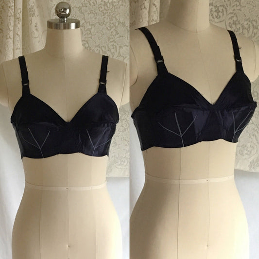 Vintage 1950's Bra | Size 34 B | Navy Blue Acetate Satin with White Stitching & Bullet Cups | Tru Form - Daggers & Dames