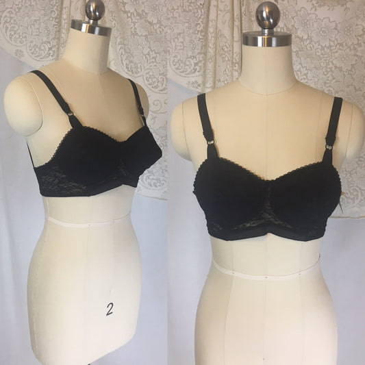 Vintage 1950's Bullet Bra | Black Nylon Lace with Molded Cups | Delores by Ross - New with Tags | Size 32 B, 34 A - Daggers & Dames