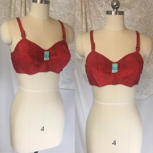 Vintage 1950's Bullet Bra | Rose Red Rayon Satin with Nylon Lace Cups | Perma-Lift -New with Tags | Size 36 C, 38 B, 34 D - Daggers & Dames