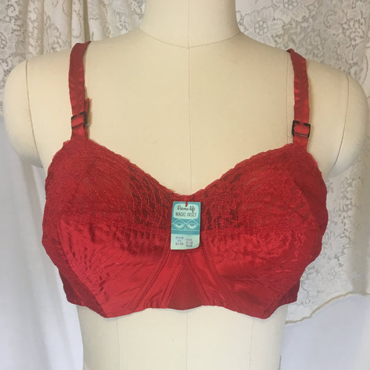 Vintage 1950's Bullet Bra | Rose Red Rayon Satin with Nylon Lace Cups | Perma-Lift -New with Tags | Size 36 C, 38 B, 34 D - Daggers & Dames