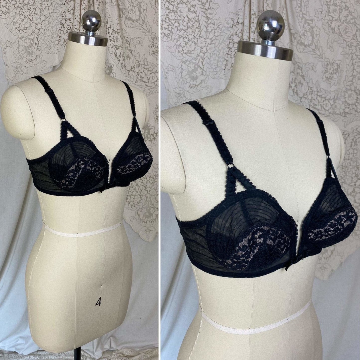 Vintage 1950's Bullet Bra | Sheer Black Lace Chiffon with Nude Illusion & Padded Cups | Size 34 B, 32 C, 36 A | V-Ette by Vassarette | - Daggers & Dames
