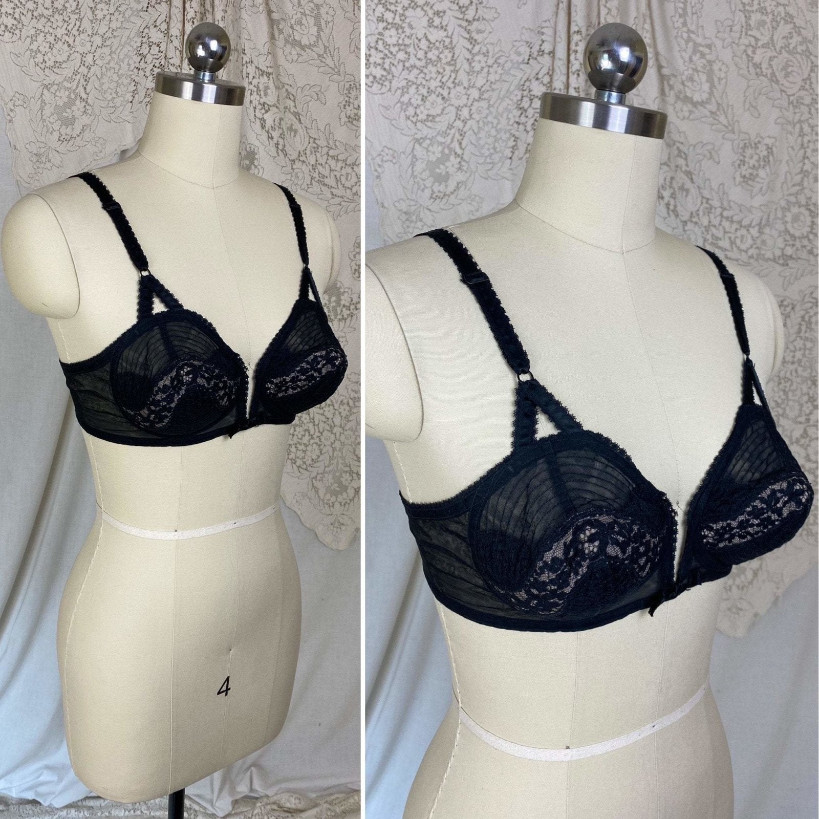 Vintage 1950's Bullet Bra | Sheer Black Lace Chiffon with Nude Illusion & Padded Cups | Size 34 B, 32 C, 36 A | V-Ette by Vassarette | - Daggers & Dames