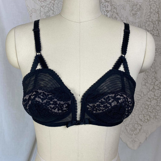 Vintage 1950's Bullet Bra | Sheer Black Lace Chiffon with Nude Illusion & Padded Cups | Size 34 B, 32 C, 36 A | V-Ette by Vassarette | - Daggers & Dames