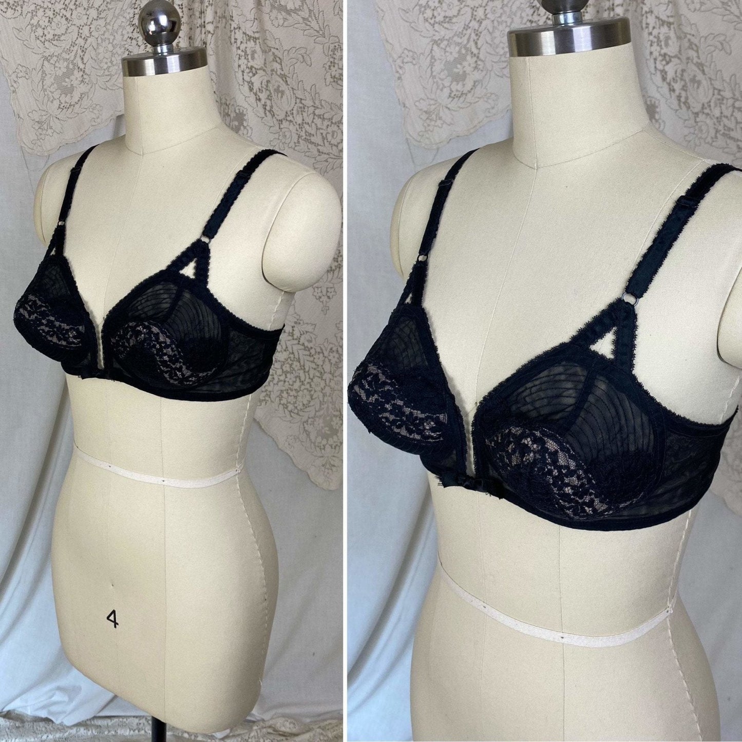 Vintage 1950's Bullet Bra | Sheer Black Lace Chiffon with Nude Illusion & Padded Cups | Size 34 B, 32 C, 36 A | V-Ette by Vassarette | - Daggers & Dames