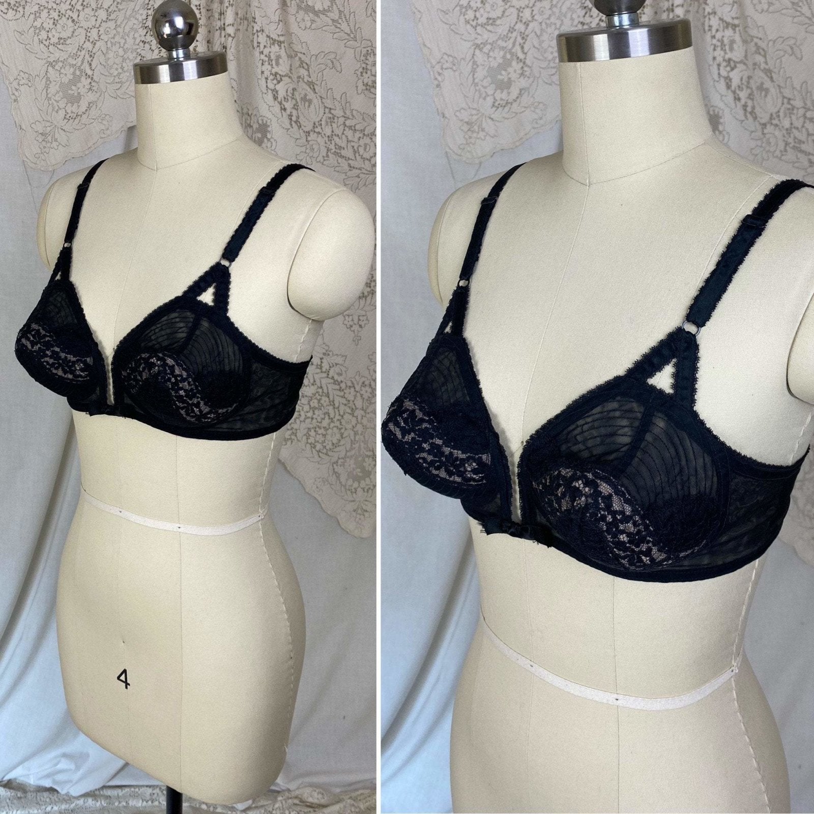 Vintage 1950's Bullet Bra | Sheer Black Lace Chiffon with Nude Illusion & Padded Cups | Size 34 B, 32 C, 36 A | V-Ette by Vassarette | - Daggers & Dames