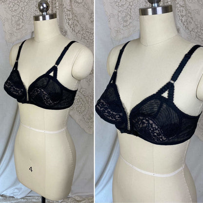 Vintage 1950's Bullet Bra | Sheer Black Lace Chiffon with Nude Illusion & Padded Cups | Size 34 B, 32 C, 36 A | V-Ette by Vassarette | - Daggers & Dames