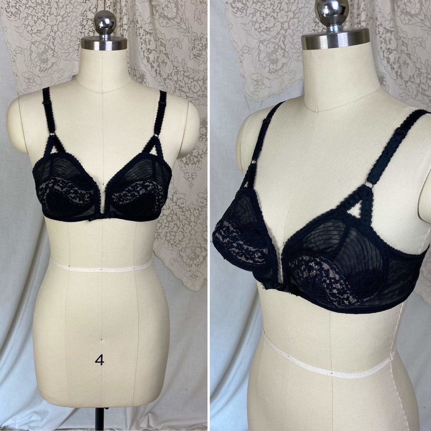 Vintage 1950's Bullet Bra | Sheer Black Lace Chiffon with Nude Illusion & Padded Cups | Size 34 B, 32 C, 36 A | V-Ette by Vassarette | - Daggers & Dames