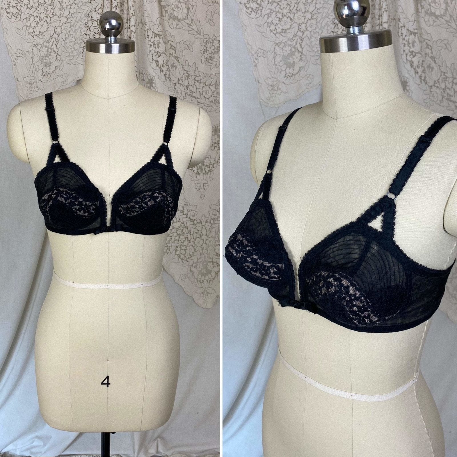 Vintage 1950's Bullet Bra | Sheer Black Lace Chiffon with Nude Illusion & Padded Cups | Size 34 B, 32 C, 36 A | V-Ette by Vassarette | - Daggers & Dames