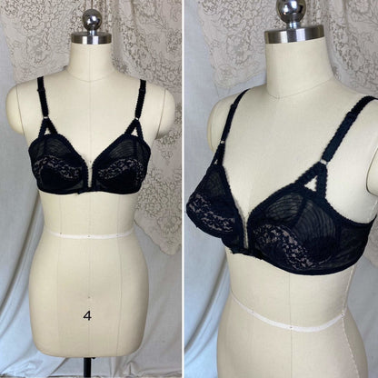 Vintage 1950's Bullet Bra | Sheer Black Lace Chiffon with Nude Illusion & Padded Cups | Size 34 B, 32 C, 36 A | V-Ette by Vassarette | - Daggers & Dames