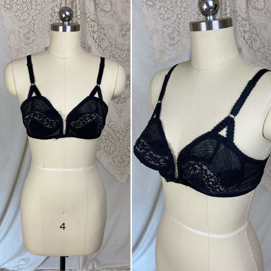 Vintage 1950's Bullet Bra | Sheer Black Lace Chiffon with Nude Illusion & Padded Cups | Size 34 B, 32 C, 36 A | V-Ette by Vassarette | - Daggers & Dames
