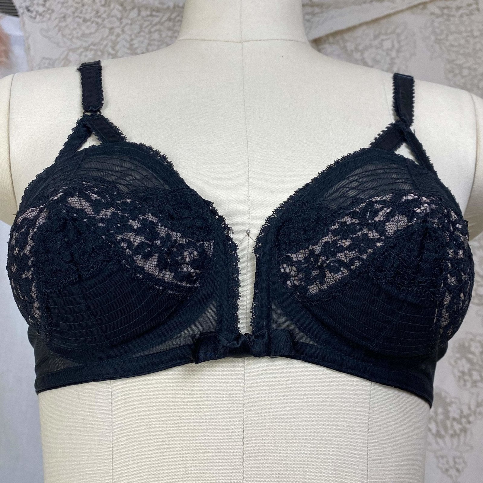 Vintage 1950's Bullet Bra | Sheer Black Lace Chiffon with Nude Illusion & Padded Cups | Size 34 B, 32 C, 36 A | V-Ette by Vassarette | - Daggers & Dames