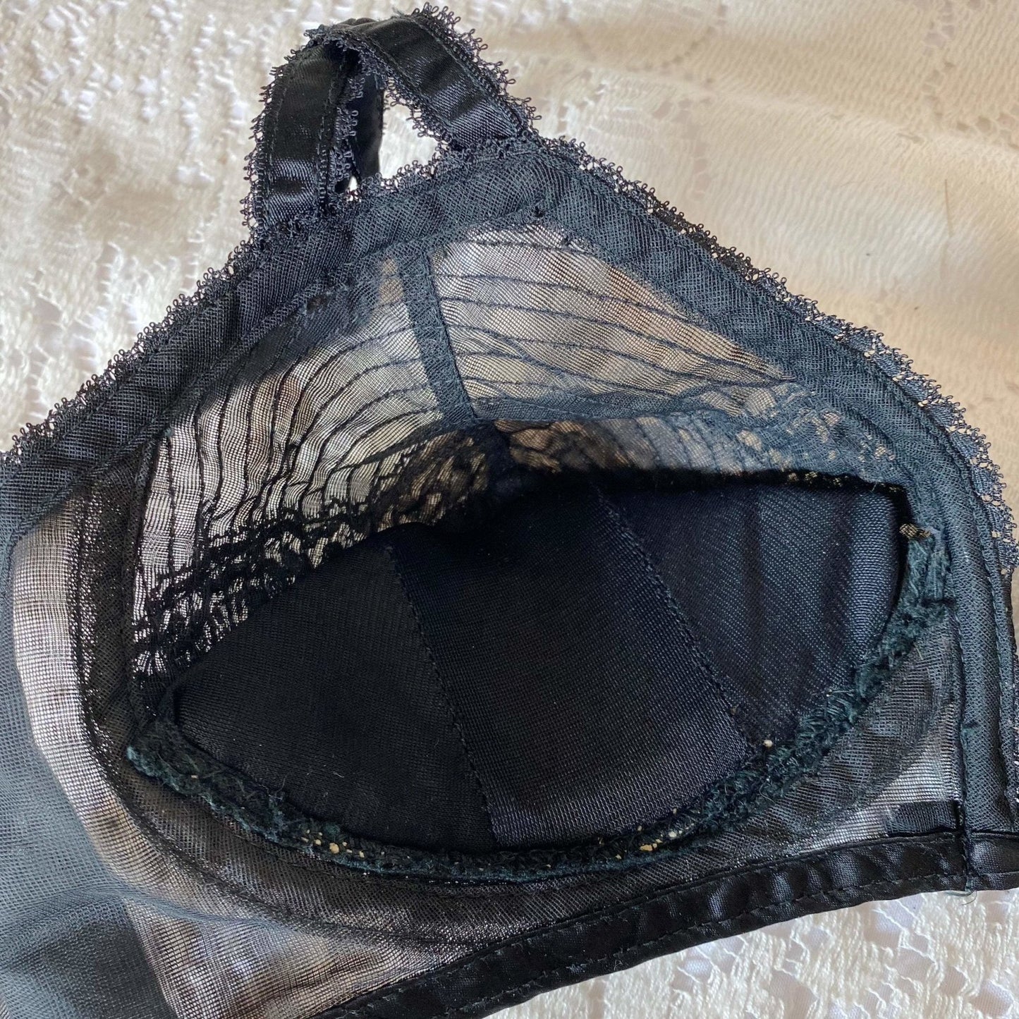 Vintage 1950's Bullet Bra | Sheer Black Lace Chiffon with Nude Illusion & Padded Cups | Size 34 B, 32 C, 36 A | V-Ette by Vassarette | - Daggers & Dames