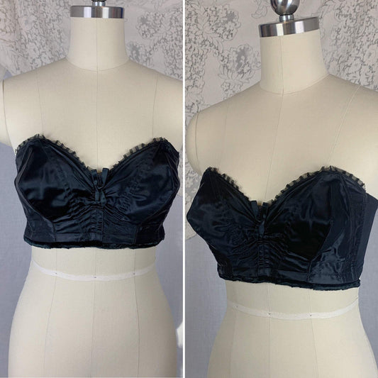 Vintage 1950's Cathedral Bra | Black Acetate Satin with Plush Velvet & Tulle Lace | Size 36 B, C | Exquisite Form - Daggers & Dames