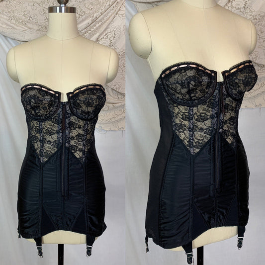 Vintage 1950's Corselette | Black Power Mesh & Satin with Nude Inlay under Lace | Lady Marlene | Size 35 B, 36 C - Daggers & Dames