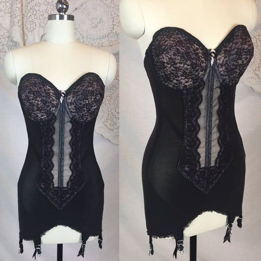 Vintage 1950's Corselette | Strapless Black Mesh & Lace over Pink Chiffon Inlay | Surprise Foundations | Size 34 D, 36 C - Daggers & Dames