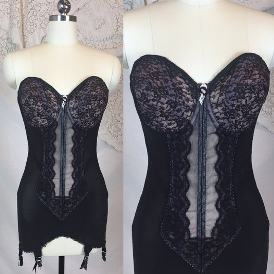 Vintage 1950's Corselette | Strapless Black Mesh & Lace over Pink Chiffon Inlay | Surprise Foundations | Size 34 D, 36 C - Daggers & Dames
