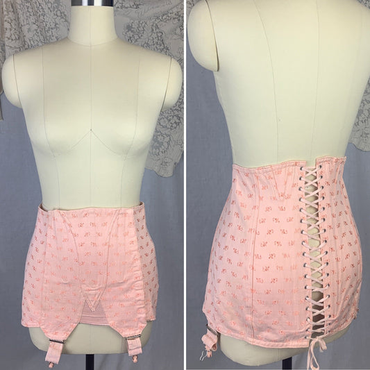 Vintage 1950's Corset Girdle | Bubblegum Pink Cotton with Satin Damask & Plush Velvet | Size LG, XL | Brigitte - Made in France - Daggers & Dames