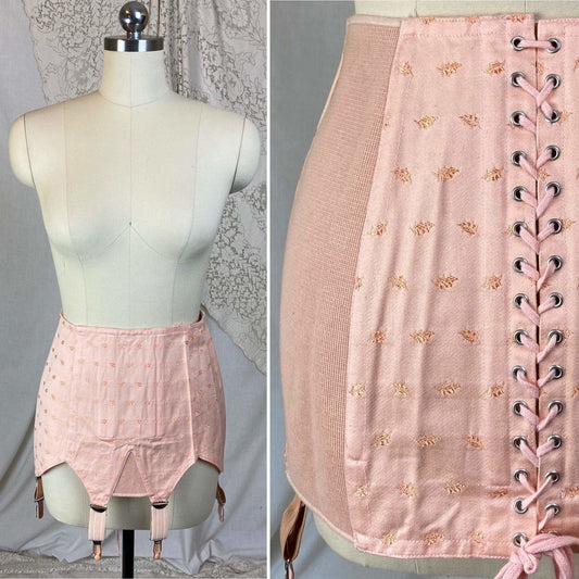 Vintage 1950's Corset Girdle | Bubblegum Pink Cotton with Satin Damask | Size S, M, LG | Made in France - Daggers & Dames